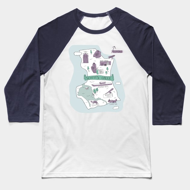 The Town of Schitt's Creek, hand drawn map of all of the town landmarks in purples, blues and minty greens. Baseball T-Shirt by YourGoods